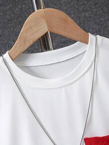 2 件青少年男童休闲短袖 T 恤和工装口袋短裤套装 - 紅色 - 查看 3