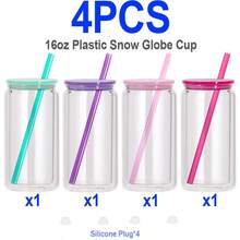 [ 4/8/12/25/50PCS ] 16 Oz Plastic Snowglobe Tumblers Pre Drilled, 16oz Double Wall Acrylic Snow Globe Tumbler Cup Supplies Clear Plastic Can Snowglobe Cups Bulk With Pre-Drilled Hole And Hole Stopper For Snow Globe Glitter DIY Crafts Gifts - Clear(with Colors Lids) - 查看 12