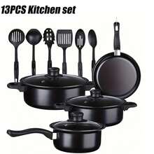 Cookware Maifanshi 4 Pcs Pot Set Household Non Stick Pot Induction Cooker With 6 Silicone Pasta Fork And Ladle Spoon Set,Wok Suit Kitchen Pots And Pans Cookware Set,Large Non Stick Kitchen Utensils For Cooking - Black - View 2
