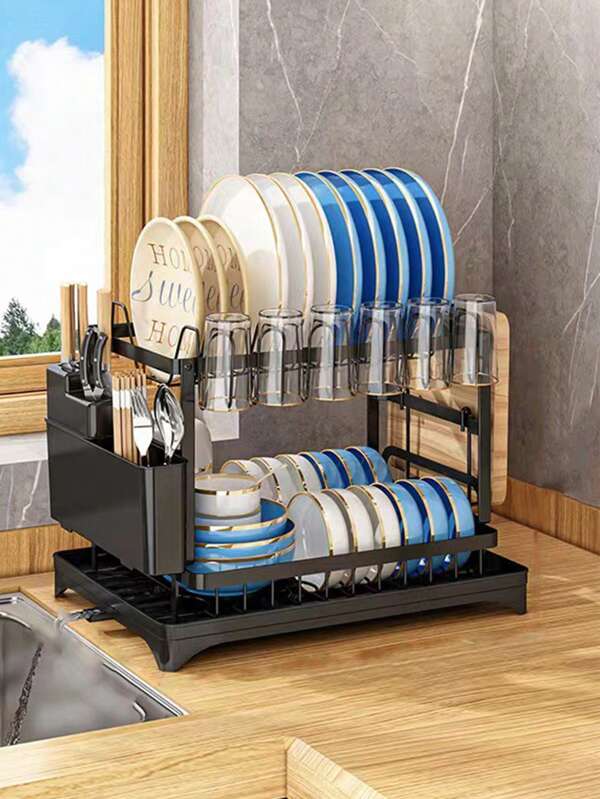 1pc 2-Tier Rustproof Stainless Steel Dish Rack - Space-Saving Kitchen Organizer With Drainboard & Utensil Holder For Dishes And Cutlery