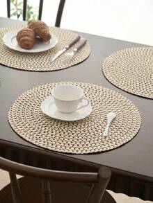 1 Stück runde Platzmatte im Boho-Stil, braune Linie gewebt mit kleinem Ausschnittsdesign, rutschfeste Untersetzer für Küchentische, geeignet für Feiertage, Geburtstage, Hochzeitsessen, Heimdekoration