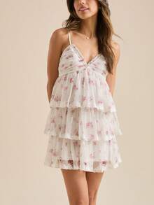 Women Y2K Floral Layered Mini Dress Spaghetti Strap V Neck Ruffle Hem Tiered Mesh Flowy Short Dress Summer Backless Sleeveless Ruched Going Out Cami Dress Party Beach Vacation Sundress - 白色 - 查看 3