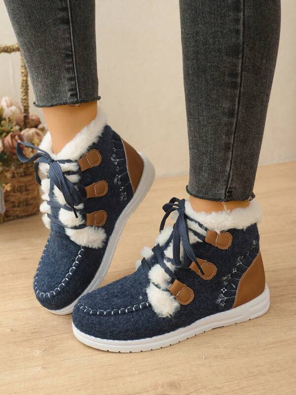 Women's Fleece Lace-Up Black Snow Boots, Casual Cute Sporty Fashionable Warm Short Ankle Boots, Versatile Short Snow Boots