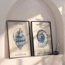 1/3 件蓝色复古贝壳艺术印刷品海岸墙面艺术套装，带米色贝壳，现代海洋主题海滩别墅装饰无框帆布海报，适用于壁画、宿舍装饰、家居装饰、海岸美学和完美的礼品套装（3 件套无框印刷品）| 墙面印刷品、印刷品、海滩毕业典礼、返校、度假旅行、时髦海报 - 彩色 - 查看 3