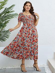 Vestidos Floral de Tallas Grandes para Mujer, Vestidos Sin Tirantes Para Mujer, Vestidos Alegre y Casual para Mujer, Adecuado para Uso Diario Informal Y Vacaciones En La Playa - Rojo - Ver 2