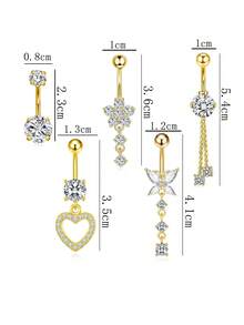 5pcs/Set Gold-Plated Curved Barbell, Belly Button Rings Set, Surgical Stainless Steel Inlaid Glitter Zirconia Heart, Flower, Butterfly Piercing Jewelry For Women, Daily Wear & Holiday Gift - Yellow Gold - View 11