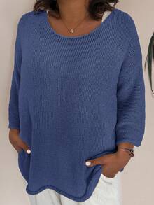 Plus Size Women Casual Loose Solid Color 3/4 Sleeve Sweater - Blue - View 3