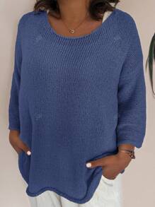Plus Size Casual Loose Solid Color Three-Quarter Sleeve Sweater