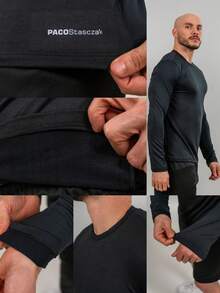 Men's Black Thermal Plain Plush T-Shirt Top For Winter And Cold Weather - Black - View 10