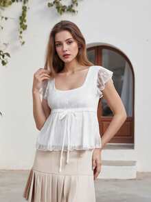 Womens Lace Ruffled Crop Tops Y2k Square Neck Flying Sleeve Babydoll Tank Top Tie Front Flared Hem Boho Blouse - trắng - Xem 6
