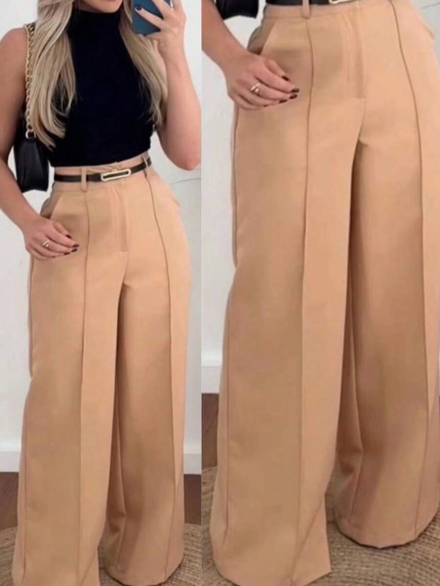 Women's Tailored Trousers With Belt - Beige - View 1