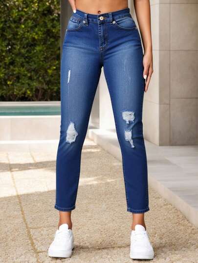 Jeans Dama Pantalón Mezclilla Skinny con Destrucciones Casual Versátil Stretch Ajustable Suave Toda temporada Uso diario paseos eventos escuela calle salidas