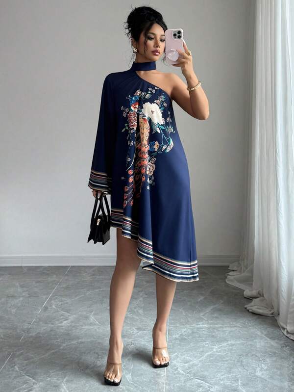 Elegante asymmetrische bohemian jurk met bloemen-, dieren-, pauw- en bladprint voor dames