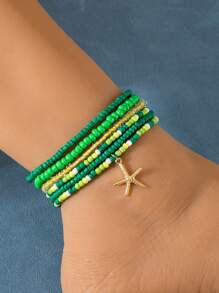 Set da 6 cavigliere stile boemico da spiaggia, stile vacanza, multicolore, perline, cavigliere in lega con pendente a forma di stella marina (fatto a mano, quantità e colori delle perline casuali)