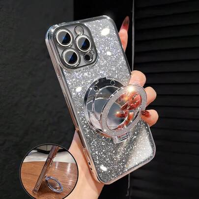 奢华电镀银色手机壳，带自行车指环磁吸支架、内置化妆镜、水钻亮片、Y2K风格，新款夏季时尚硅胶防震软壳，兼容 16/16E/15/14/13/12/11/X/XS/XR/8/7 Plus/Pro/Max/Mini，兼容Galaxy S24/S25 Ultra，兼容Redmi，兼容Honor，兼容OPPO Reno，兼容MOTO，兼容Infinix，女士款（2025），防水、防震、防刮，国际版，非国内版