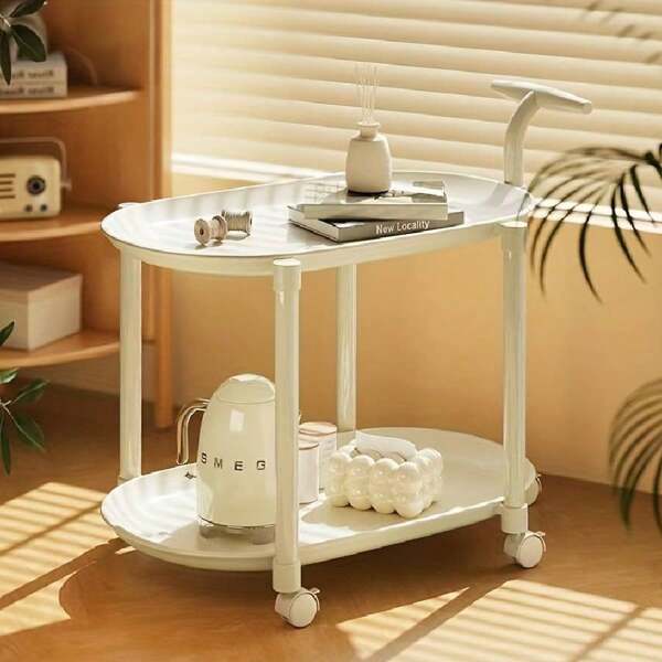 1 pezzo Carrello moderno bianco per servire, con manico in legno - Tavolino lungo su ruote, telaio in metallo e piano in plastica, tavolino multiuso per il soggiorno o la camera da letto, ottimo per bevande, snack ed essenziali