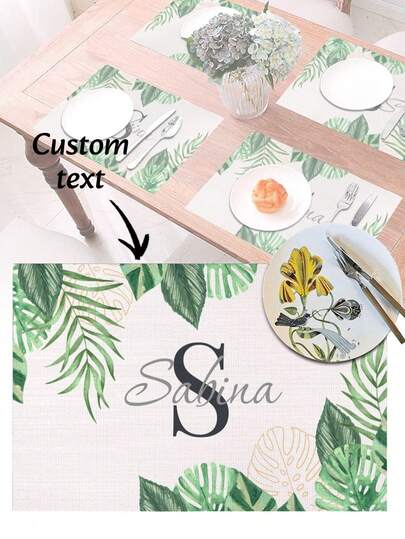 Embroidered Geometric Placemats - Custom Text Green Leaf Pattern Table Mats, Modern Mid-Century Dining Decor For Kitchen/Holiday Rectangle Square Tables