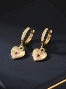 1 Pair Elegant & Fashionable Copper Micro-Inlaid Pink Cubic Zirconia Heart Pendant Earrings, Versatile Sweet Gift For Women, Valentine's Day