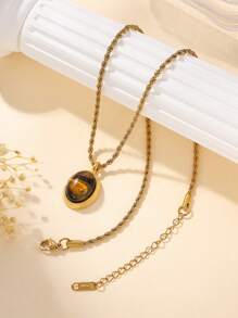 1pc Stainless Steel Gold Twisted Chain Necklace With Oval Tiger Eye Stone Pendant, Suitable For Women's Daily Decoration Or Gift