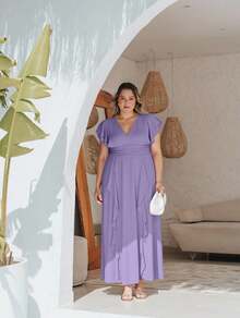 Madrinha de Casamento Vestido de Festa Plus Size feito em Chiffon Longo com Manga Curta com Babado Duplo Saia Fluida com detalhes de Babado na Saia - Lavanda - Visão 3
