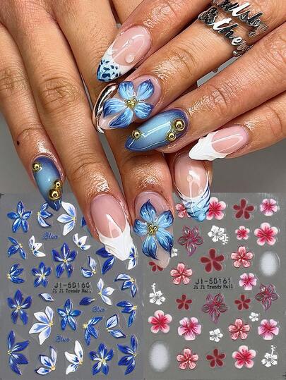 5D Blue & Red Lily Flower Nail Stickers, Hibiscus Floral Nail Art Stickers, Retro Gradient Petal Carved Slider Y2K Style Nail Decorations DIY Nail Supplies