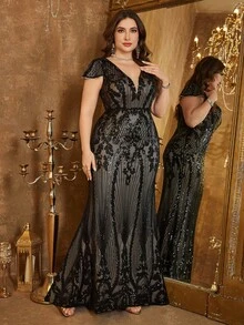 UNITHORSE Plus Size Women Deep V-Neck Backless Sequin Decor Cocktail Party Dress With Shawl Sleeves - Black - View 5