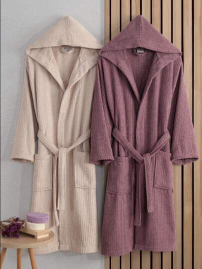 2 Stücke Bademantel mit Kapuze, 100% türkische Baumwolle, unisex gestreifter Bademantel, Braut- & Geschenkset, Größen: S/M, L/XL, M/L