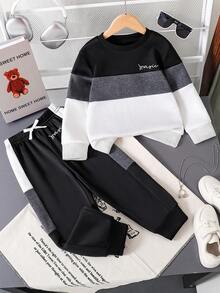 Conjunto de moletom e calça com estampa de letras e contraste de cores para meninos adolescentes - Preto - Ver 2