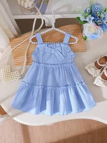 Baby Girls' Spaghetti Strap Ruffle Bow A-Line Cake Dress, Suitable For Everyday Outings, Spring/Summer