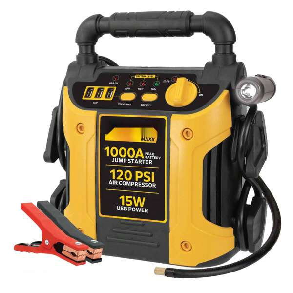 Maxx 1000 Peak Amp Jump Starter With 120 PSI Compressor, Pivoting LED Light, 3X USB Ports
