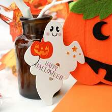 50pcs Halloween Candy Decoration Paper Labels, Ghost Pumpkin Lollipop Biscuit Clip Cards, Trick Or Treat Halloween Party Home DIY Decoration Items, White