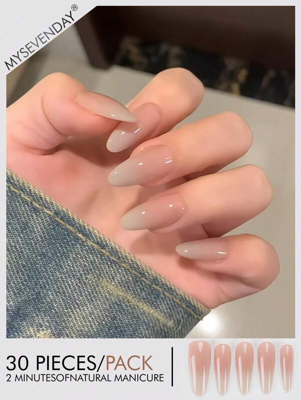 30 Pieces Of Almond Shaped Pressed Fake Nail Patches, Simple Gradient Sweet And Cool Japanese And Korean Style Women'S Nail Patches, New And Fashionable Fingertips, Matched With 1 Piece Of Jelly Glue And 1 Piece Of Rubbing Strip, Suitable For Women'S Parties, Dances, Daily Casual Wear, Detachable And Reusable Press On Nails Nail Supplies Nails