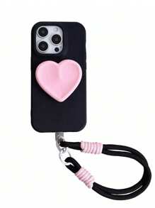 1 pieza Soporte/Soporte de teléfono de silicona con forma de corazón rosa y negro apto para 13/14 Pro Max/15, Funda de teléfono con cordón, Protector de teléfono estilo gótico oscuro de chica