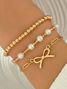 3pcs/Set Elegant Butterfly Pearl Decor Multi-Layer Bracelet Set, Women Party Date Daily Accessory Gift