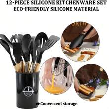 12 pièces Ensemble d'ustensiles de cuisine en silicone avec manches en bois et boîte de rangement, kit d'outils de cuisine antiadhésifs, comprenant une spatule, une cuillère à égoutter, une louche, un pinceau, des pinces, un fouet