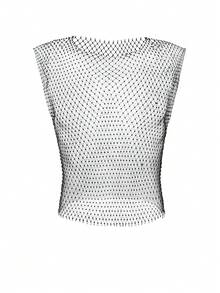 1 件闪亮水钻性感渔网短款上衣 - 网眼镂空背心，适合派对、舞会、海滩遮盖、俱乐部和休闲装、透明胸衣衬衫、双面、耐用、夜总会装