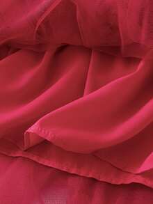 Women Layered Tulle Long Skirt Fashion High Waist Solid Color Frill Trim Ruffle Midi Skirt - Burgundy - View 4