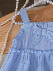 Baby Girls' Spaghetti Strap Ruffle Bow A-Line Cake Dress, Suitable For Everyday Outings, Spring/Summer