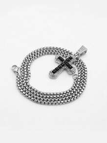 1pc Full Rhinestone Crucifix Pendant Necklace, Stainless Steel Cubic Zirconia Long Chain Sweater Necklace