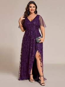 优雅亮片V领短袖高开衩晚礼服，适合派对、伴娘、秋冬婚礼宾客、节日及其他场合，女士正式礼服 - 紫色 - 查看 4