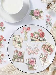 50pcs/Pack Transparent Floral Theme Stickers, Combination Of Roses And Letters, Suitable For Scrapbooking DIY, Planner, Sticker Album, Water Bottle, Notebook, Tablet, Luggage, Back To School Rewards, Etc. - Multicolor - View 1