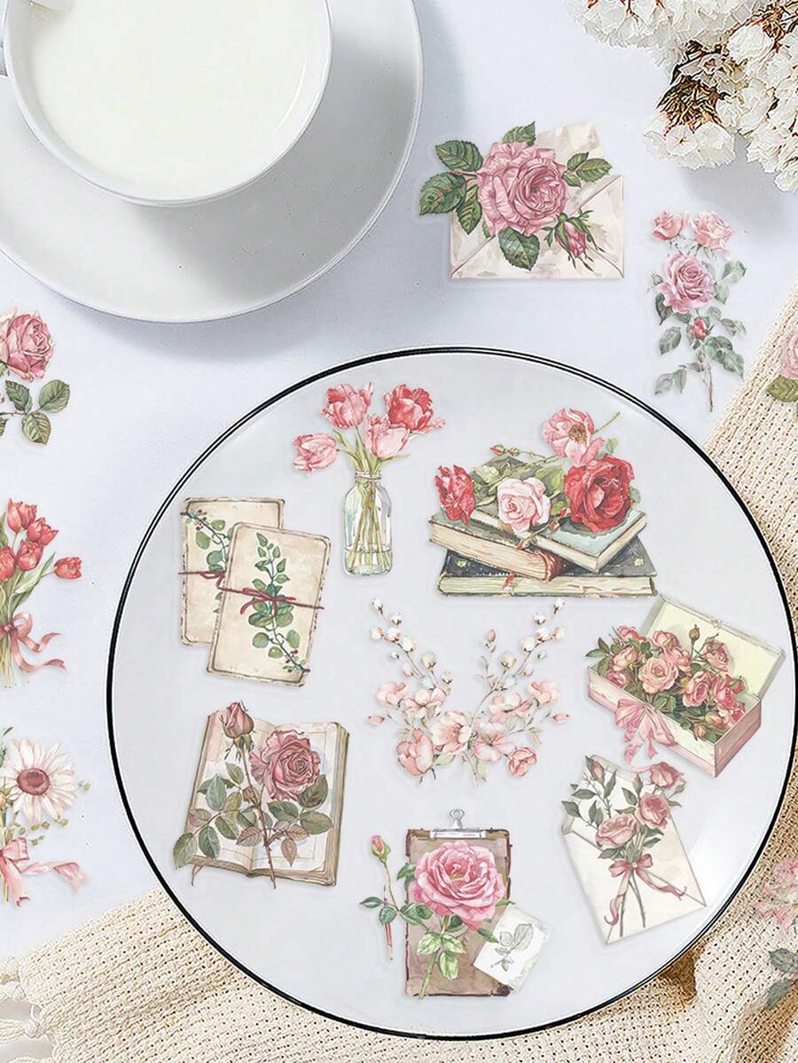 50pcs/Pack Transparent Floral Theme Stickers, Combination Of Roses And Letters, Suitable For Scrapbooking DIY, Planner, Sticker Album, Water Bottle, Notebook, Tablet, Luggage, Back To School Rewards, Etc. - Multicolor - View 1