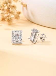 1 Paar neue Mode silberweiße rechteckige klassische vertikale & horizontale doppelseitig tragbare Ohrringe für Frauen, Luxus-Schmuckzubehör, elegante Hochzeits-/Eheohrringe, platinüberzogener kubischer Zirkonia, minimalistisches Design