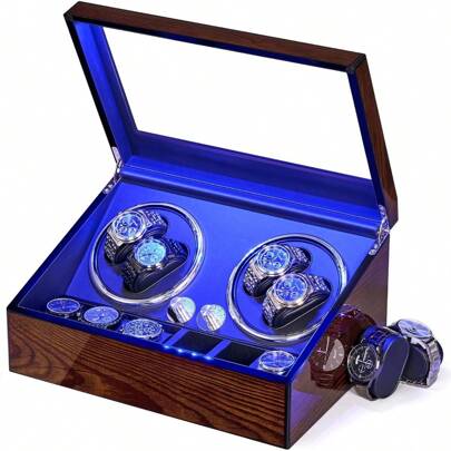 Automatic Watch Winder Box With LED Light, 4 Watch Spinner & 6 Storage Cases, Quiet Motor For Men's/Women's Watches (Brown)