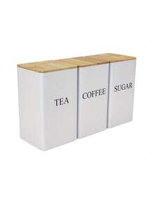 3pcs Coffee, Sugar Storage Set With Bamboo Lid, Metal Food Storage Containers For Tea, Coffee, Sugar, Candy, Kitchen Organization