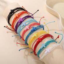 10pcs/Set Adjustable Braided Wax Cord Bracelet Anklet With Cross Charm, Colorful Set For Beach/Surfing