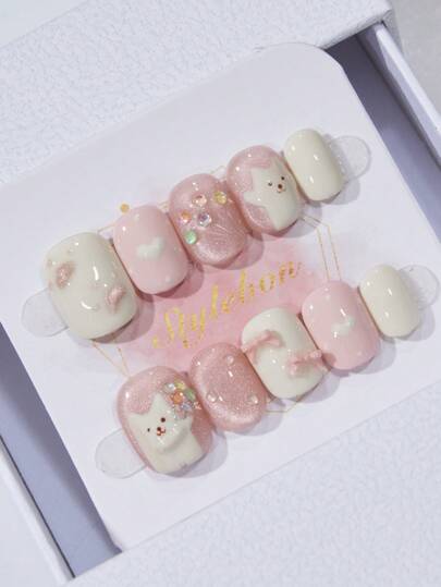 10 Unhas Postiças Fofas em Formato de Flor, Pata de Gato e Coração nas Cores Rosa e Branco, Curtas e Quadradas, Olho de Gato Fofo e Suave, Adequadas para Senhoras e Meninas como Presentes e Suprimentos de Unhas