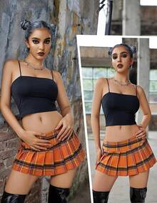 Mini Pleated Skirts For Women Mini Plaid Skirt XS-XXL - 橘色 - 查看 2