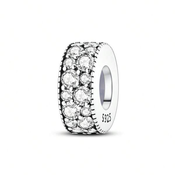 925 Sterling Silver Fully Paved White Cubic Zirconia Spacer Bead Fit For Original Necklace & Bracelet, Luxurious Jewelry Accessory (Anti-Slip Design)