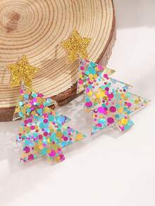 1 对圣诞卡通闪光星和彩色圣诞树亚克力耳环，适合女性日常佩戴、圣诞派对和庆祝活动，树颜色随机 - 彩色 - 查看 11